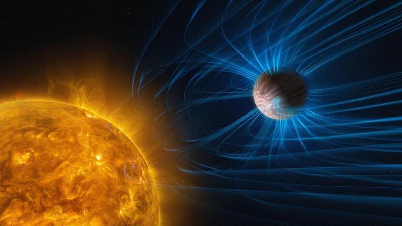 Imagem criada por um artista de um exoplaneta com campo magnético