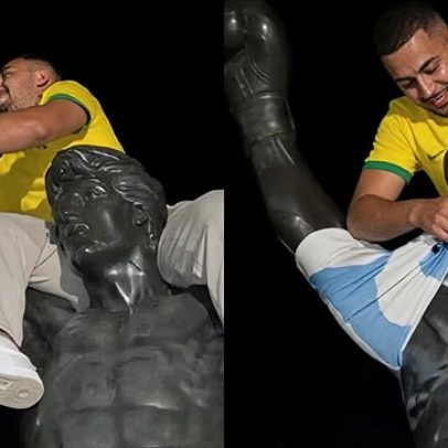 Veste estátua do Rocky com camisa da Argentina para atrapalhar rival na Copa