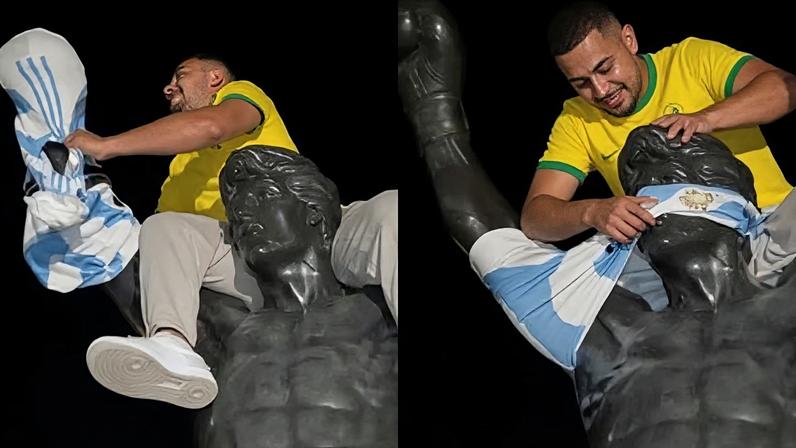 Veste estátua do Rocky com camisa da Argentina para atrapalhar rival na Copa