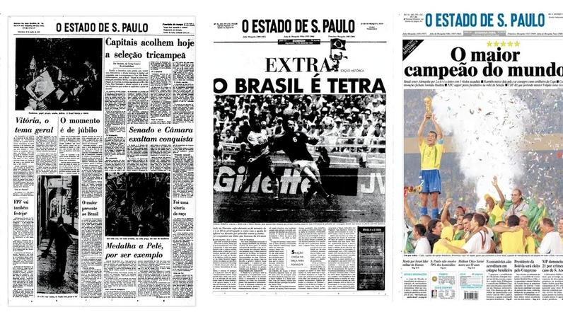 As conquistas do Brasil nas Copas do Mundo em capas e páginas publicadas no Estadão.