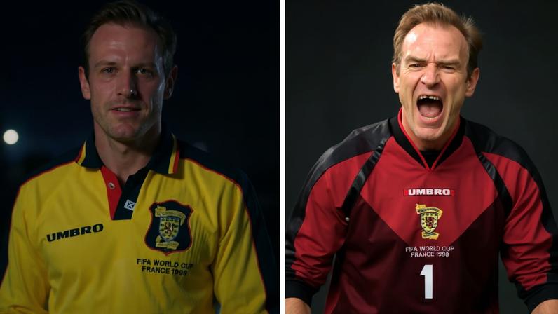 Meia Craig Burley (à esquerda) e o goleiro Jim Leighton (à direita) banguelos na Copa de 98