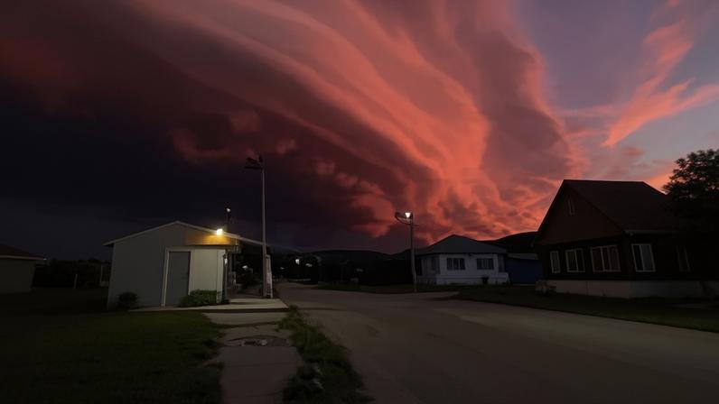 Nuvens vermelhas foram vistos em Miass, na Rússia, com a chegada de tempestades