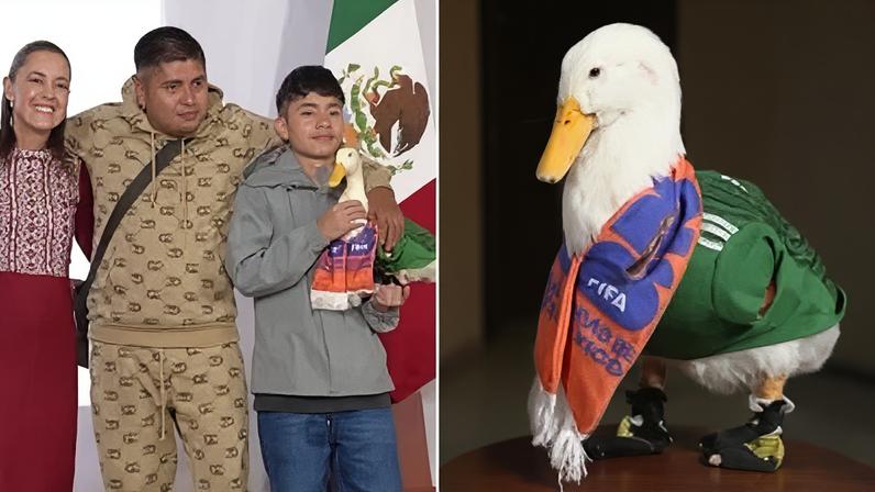 Símbolo da Copa do Mundo, Pato Merlin é recebido por Claudia Sheinbaum, presidente do México