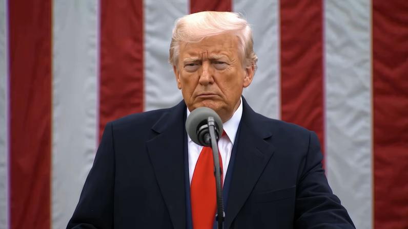 Em frente a uma imensa bandeira dos EUA, Donald Trump encara o horizonte de maneira séria. Ele usa um sobretudo preto e uma grande gravata vermelha.