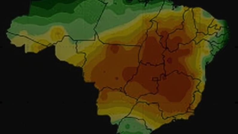 As cores em verde representam chuvas que variam entre 140 mm e 180 mm, enquanto tons alaranjados mostram média de chuvas abaixo de 40 mm.