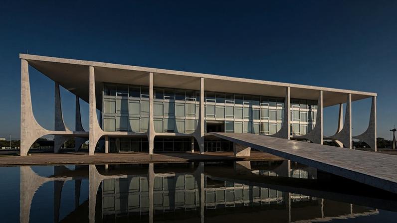 (Imagem ilustrativa)Sede da presidência brasileira com colunas de design moderno projetada por Oscar Niemeyer