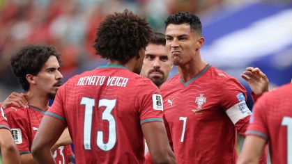 HOUSTON, TEXAS - JUNE 23: Cristiano Ronaldo #7 of Portugal celebrates with teammates after scoring his team's first goal during the FIFA World Cup 2026 Group K match between Portugal and Uzbekistan at Houston Stadium on June 23, 2026 in Houston, Texas. (Photo by Michael Steele/Getty Images)