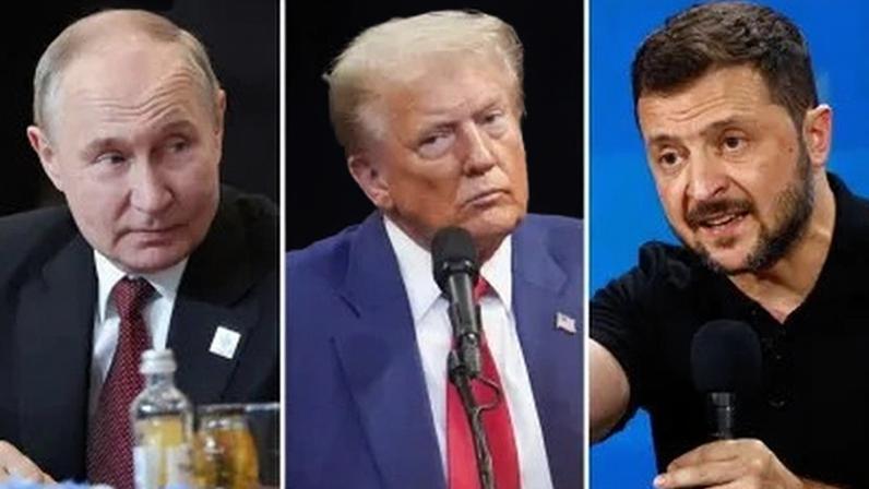 Presidente da Rússia, Vladmir Putin, presidente dos EUA, Donald Trump e presidente da Ucrânia, Volodymyr Zelensky.