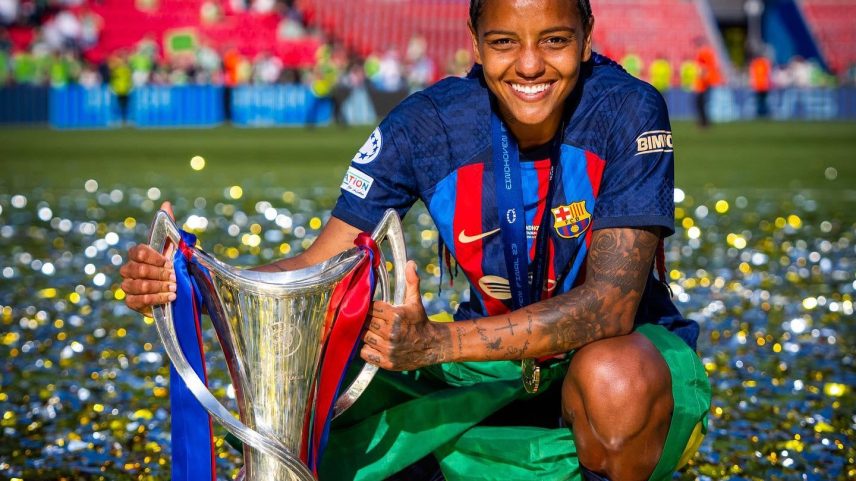 Geyse celebra o título da UEFA Women’s Champions League com o Barcelona na temporada 2022/2023