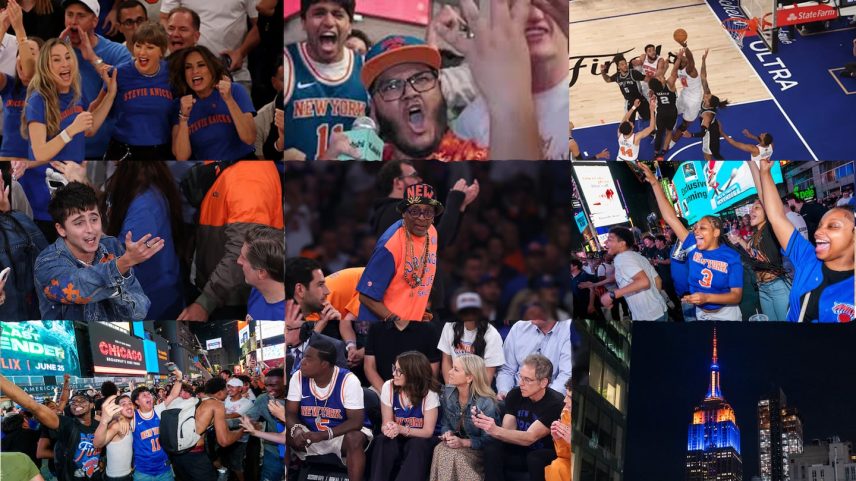 Knicks fans, including celebrities like Taylor Swift, gathered to watch the NBA Finals.