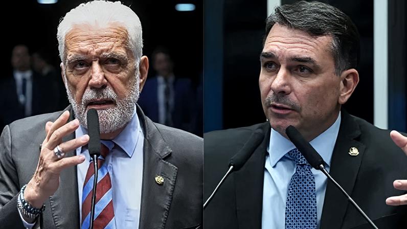 Os senadores Jaques Wagner (PT-BA) e Flávio Bolsonaro (PL-RJ)