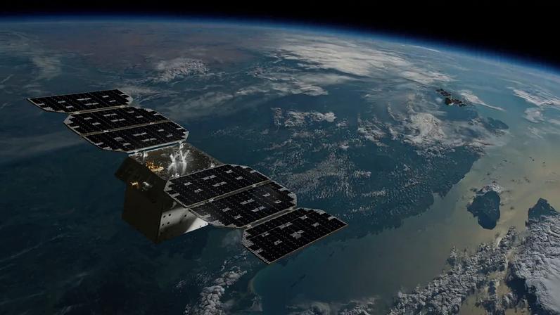 Ilustração de três satélites orbitando o planeta Terra.