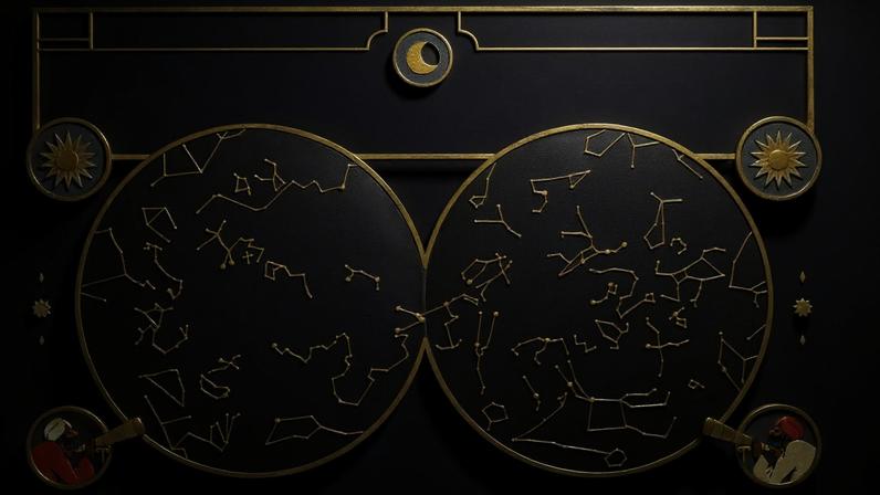 Ilustração de um mapa celeste roxo com constelações amarelas. Dois homens com turbantes observam o céu com telescópios nas laterais inferiores. No topo, um sol e uma lua crescente emolduram o mapa.