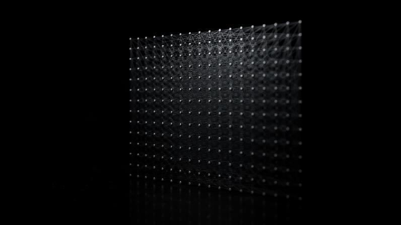 Uma grade de pontos brancos interconectados por linhas finas, formando uma rede complexa sobre um fundo preto. Os pontos centrais são mais densos e as linhas mais intrincadas, sugerindo uma estrutura de dados ou inteligência artificial.