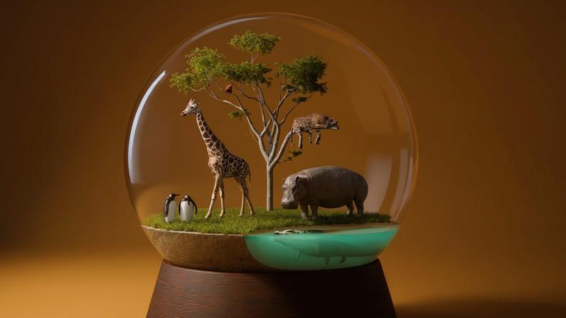 Globo de vidro com base de madeira, contendo um ecossistema com girafa, dois pinguins, hipopótamo, leopardo em uma árvore, um pássaro e um crocodilo submerso em água azul.