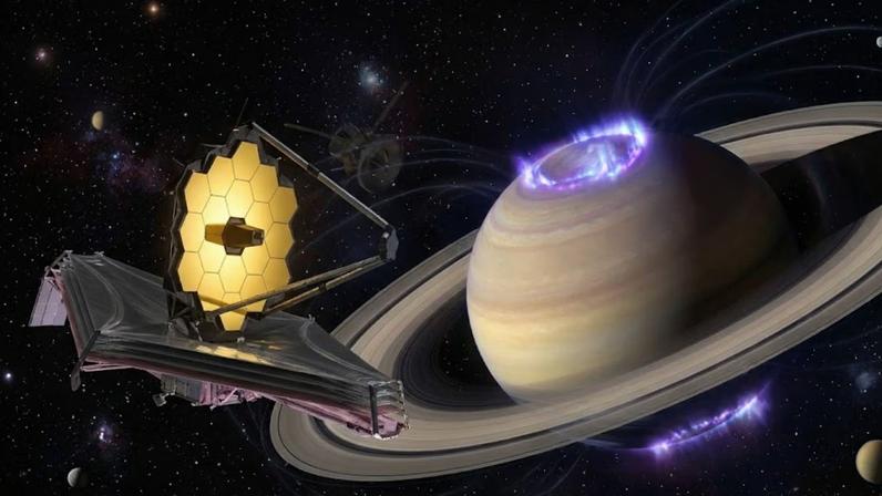 James Webb revela que auroras de Saturno criam ilusão sobre rotação do planeta gigante. (Imagem: Fala Ciência via Gemini)