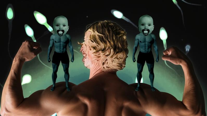 Photo Illustration of a muscular man holding up two muscular babies