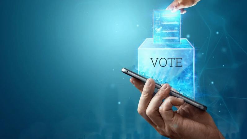 Imagem de um voto digital sendo depositado em um celular
