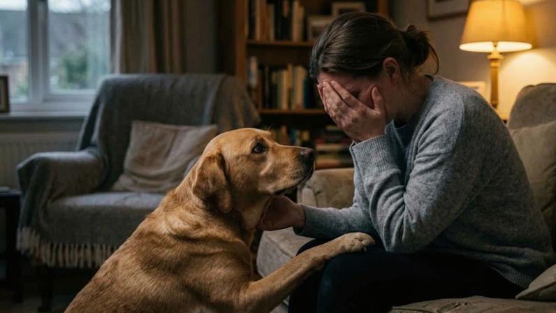 Seu cachorro percebe sua tristeza? A ciência encontrou sinais surpreendentes dessa conexão. (Imagem: Fala Ciência via Gemini)
