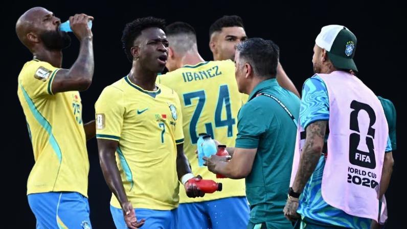 Vinícius Júnior, Neymar e Igor Thiago durante uma pausa para hidratação