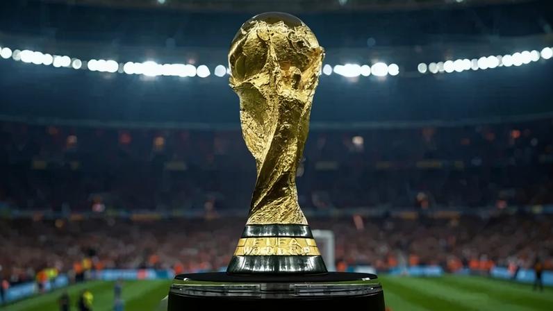 Taça da Copa do Mundo de Futebol em destaque em um estádio. (Foto: Reprodução)