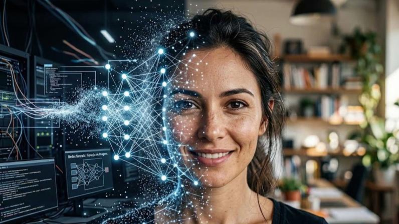 Seu cérebro vê uma pessoa real. A inteligência artificial vê matemática. (Imagem: Fala Ciência via Gemini)
