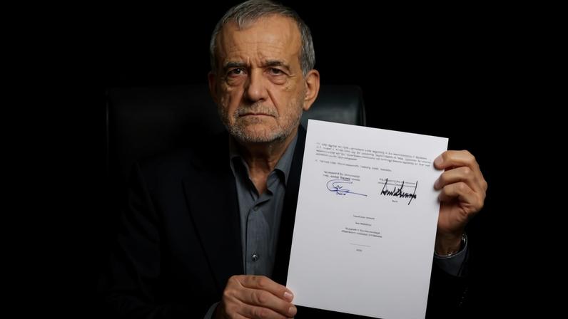 O presidente iraniano, Masoud Pezeshkian, mostrando o memorando de entendimento com os EUA após assiná-lo • Ahmad Moeini Jam/IRNA