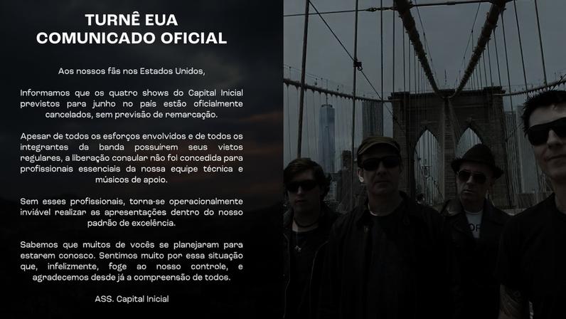 Capital Inicial anuncia cancelamento de shows nos EUA após equipe da turnê não conseguir vistos