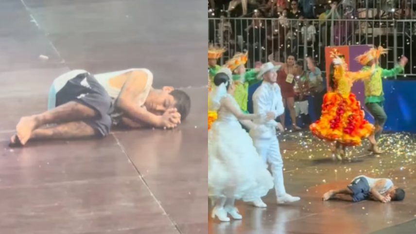 Cena em peça junina faz menino parecer que dormiu no chão