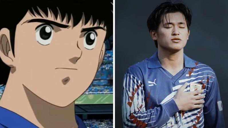 Personagem fictício Oliver Tsubasa, protagonista do anime Super Campeões (à esquerda), e o lendário atacante da seleção japonesa nos anos 90, Kazu Miura (à direita)