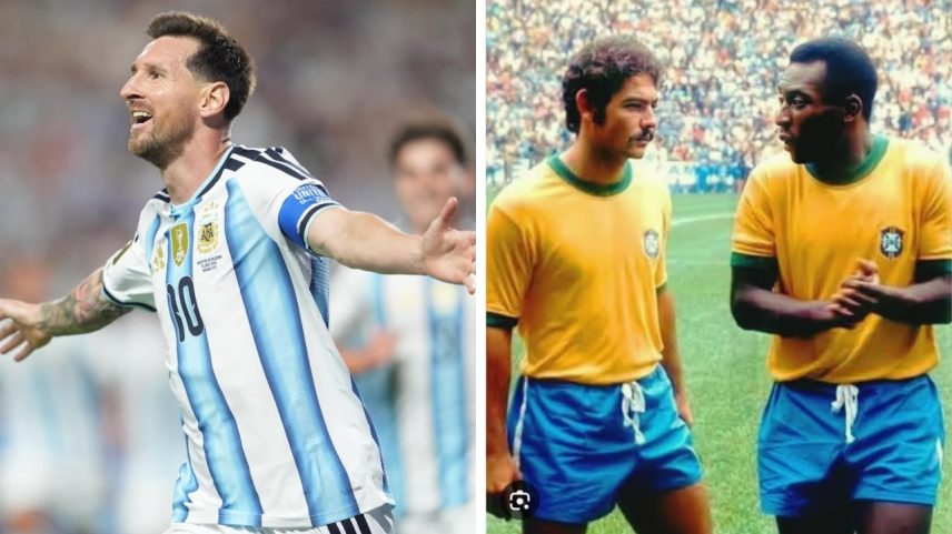 Messi superou Pelé e Rivellino (à direita) e se torna líder em participações em gols e em gols de fora da área