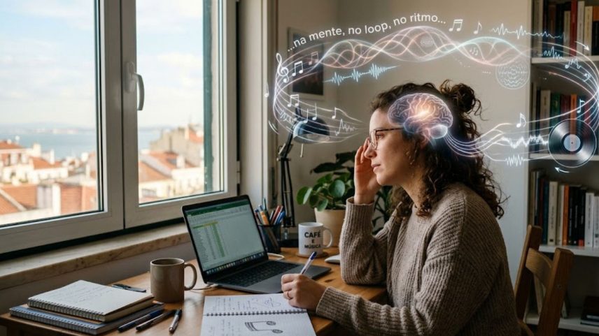 Seu cérebro transforma alguns refrões em loops mentais quase impossíveis de esquecer. (Imagem: Fala Ciência via Gemini)