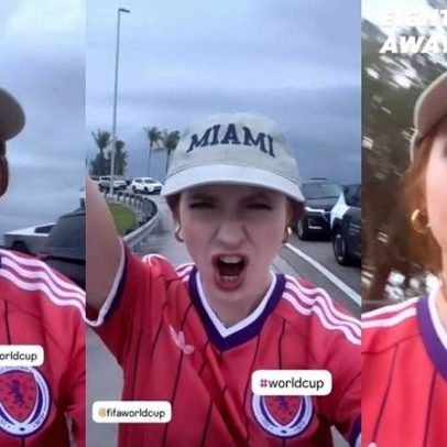 Karen Gillan corre para o estádio antes do jogo Brasil x Escócia
