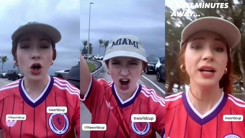 A atriz Karen Gillan precisou descer do carro e ir correndo para assistir ao jogo Brasil e Escócia