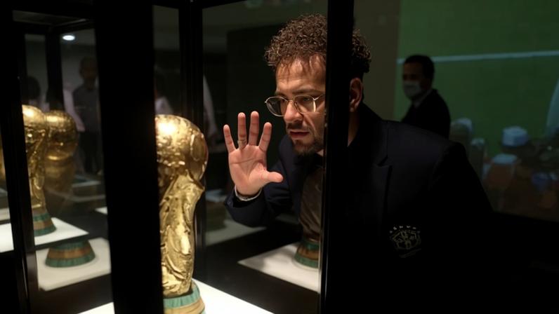 Neymar observa a taça do Mundial (Foto: Lucas Figueiredo/CBF)