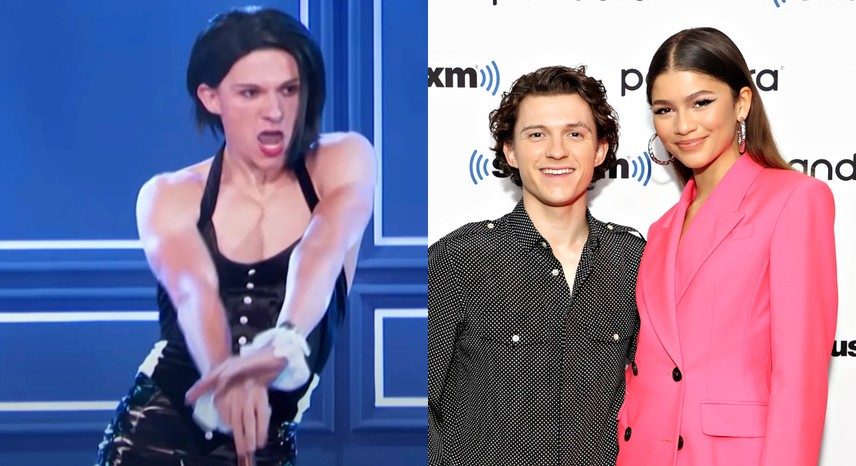Tom Holland em apresentação de lip sync; o ator ao lado de Zendaya