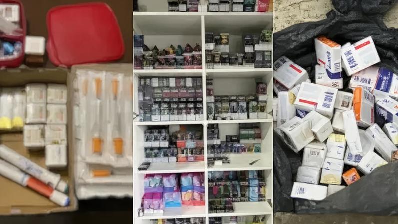 Além dos medicamentos e dos cigarros eletrônicos, também foram apreendidas seringas, dinheiro em espécie, registros financeiros e máquinas de cartão