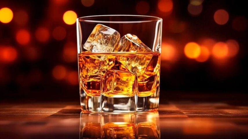 Um copo de bourbon com cubos de gelo