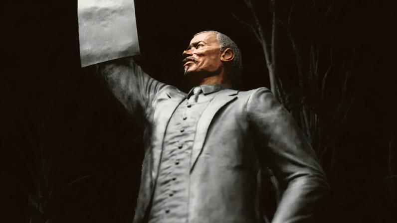 A nine-foot statue of Al Edwards, who proposed the 1979 legislation to make Juneteenth a Texas State holiday, on the grounds of Ashton Villa.