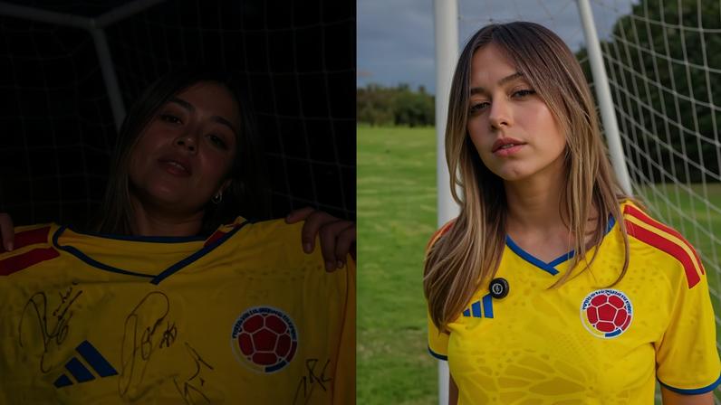 Antonella Petro, de 17 anos, filha do presidente da Colômbia, Gustavo Petro, vestida com a camisa da seleção da colômbia