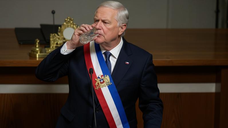 O presidente chileno José Antonio Kast bebe água enquanto pronuncia seu discurso anual antes do Congresso em Valparaíso, Chile, na lua de 1º de junho de 2026 — Foto: AP/Esteban Félix