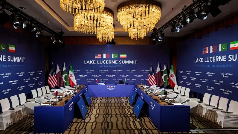 Sala de reuniões no Lake Lucerne Summit, no resort Buergenstock em Obbürgen, perto de Lucerna, Suíça, domingo, 21 de junho de 2026 — Foto: Urs Flueeler, Pool Photo via AP
