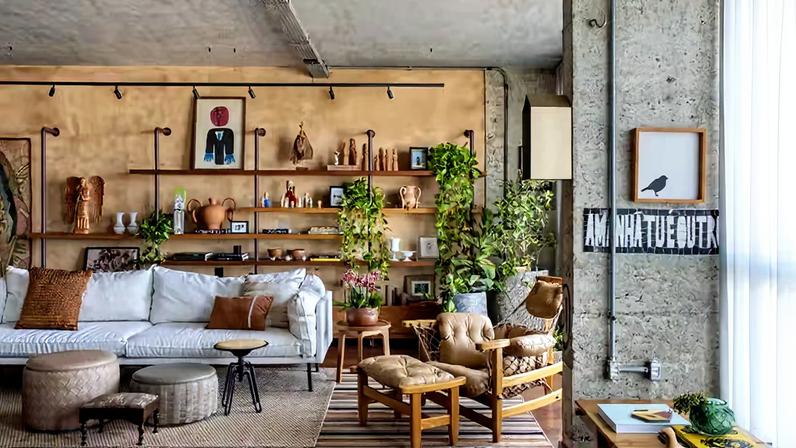Neste living integrado, destaca-se a curadoria de design brasileiro