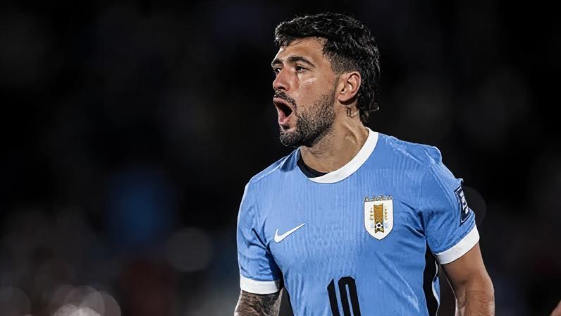 Arrascaeta comemora seu gol em Uruguai x Peru, pelas Eliminatórias