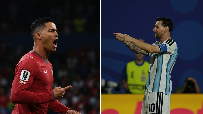Cristiano Ronaldo e Lionel Messi comemoram gols por Portugal e Argentina na Copa do Mundo (Foto: Ronaldo Schemidt e Juan Mabromata / AFP)