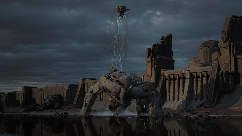 A floaty robot head above a robot body.