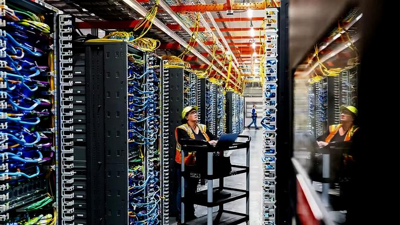 Funcionário trabalha em um data center da AWS em New Carlisle, Indiana — Foto: Noah Berger/Getty Images via Amazon Web Services