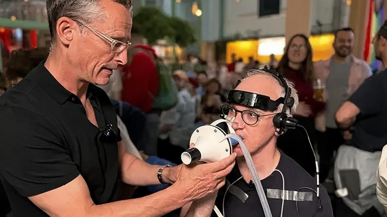James became the pre-match entertainment as scientist Damian hooked him up to scientific equipment to track his responses