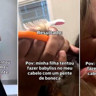 Menina tenta fazer babyliss na mãe, enrosca pente de brinquedo e chora