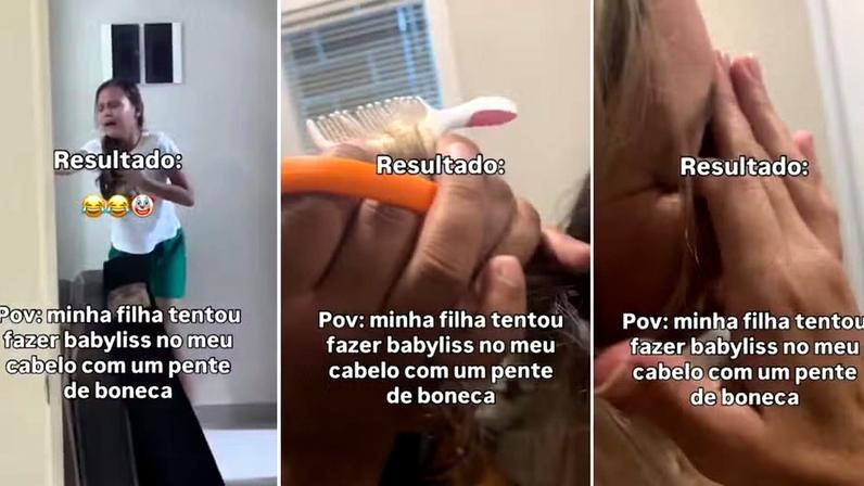 Hadassah jurava que a técnica que viu na internet daria certo, mas acabou enroscando o pente nos cabelos da mãe — Foto: Reprodução/ Instagram